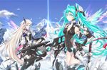  armor blue_eyes blue_sky bodysuit braid breasts cleavage cowboy_shot day energy_wings fengsao_hua_tanzhang green_eyes green_hair grey_hair gun hatsune_miku huge_weapon ia_(vocaloid) leotard light_rays long_hair mecha_musume medium_breasts mountain multiple_girls sky standing sword thighhighs vocaloid weapon 