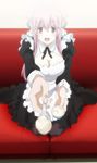  breasts cleavage headphones highres long_hair maid maid_headdress pink_eyes pink_hair screencap solo spoon super_sonico yogurt 