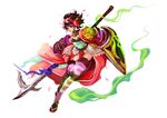  agarest_senki agarest_senki_(series) armor black_hair brown_eyes elaine_(agarest_senki) flower fusion hair_flower hair_ornament lips momohime muju naginata nose obi oboro_muramasa pauldrons petals polearm sash shield short_hair solo thighhighs weapon 