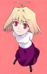  antenna_hair arcueid_brunestud arms_behind_back black_legwear blonde_hair chibi hair_intakes long_skirt pantyhose purple_skirt red_eyes shirotsumekusa short_hair skirt smile solo sweater tsukihime turtleneck 