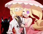  2girls big_hair blonde_hair bow eyepatch glasses hair_bow harime_nui holding holding_umbrella iori_shirou itou_(mogura) jealous junketsu kill_la_kill kiryuuin_satsuki long_hair mask multiple_girls pink_bow pinky_out red_background shared_umbrella silhouette silhouette_demon smile umbrella wrist_cuffs 