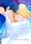  1girl arcueid_brunestud blonde_hair breasts couple glasses hands_on_another's_neck happy highres medium_breasts petals red_eyes shirotsumekusa short_hair slit_pupils smile sweater toono_shiki tsukihime 