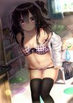  bad_id bad_pixiv_id basket black_hair black_legwear blush book bookshelf bra hair_ornament hair_scrunchie highres long_hair looking_at_viewer navel one_side_up open_clothes open_mouth open_shirt original panties panty_pull plaid plaid_bra plaid_skirt print_scrunchie purple_bra purple_eyes purple_panties revision scrunchie shirt skindentation skirt skirt_removed solo star star_print strap_slip stuffed_toy thighhighs underwear undressing wataru_(zazazazazazawa) 