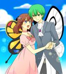  1girl :d beautifly blue_eyes blush bow brown_hair butterfree choker dress gen_1_pokemon gen_3_pokemon green_eyes green_hair hagino_aki hair_ornament haruka_(pokemon) holding_hands open_mouth pink_dress pokemon pokemon_(anime) pokemon_(creature) pokemon_ag short_hair shuu_(pokemon) smile tuxedo wings 