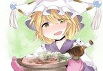  alcohol animal_ears blonde_hair blush bottle commentary dress fang food gloves hammer_(sunset_beach) hat meat nabe open_mouth oven_mitts pot short_hair smile snake snake_wine solo steam tabard tofu touhou yakumo_ran yellow_eyes 
