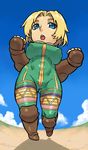  blonde_hair blue_eyes boots breasts chibi clenched_hands covered_nipples elbow_gloves final_fantasy final_fantasy_tactics fingerless_gloves gloves knee_boots knee_pads large_breasts monk_(fft) short_hair solo tsukudani_(coke-buta) unitard 