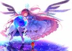  bow copyright_name dress earth gloves goddess hair_bow highres kaname_madoka karlwolf long_hair magical_girl mahou_shoujo_madoka_magica pink_hair revision solo soul_gem spoilers two_side_up ultimate_madoka wings yellow_eyes 