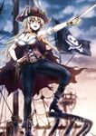  armpits blonde_hair blue_eyes breasts cleavage feathers flag gun handgun hat highres holster jewelry jolly_roger knife kouson33 large_breasts long_hair necklace original pants pirate pirate_hat pirate_ship pistol ring ship skull_and_crossed_swords solo sword watercraft weapon 