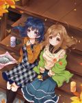  2girls autumn_leaves bangs black_footwear black_shirt blue_capelet blue_hair blue_skirt blush boots brown_cardigan brown_eyes brown_hair capelet cover cover_page demon doujin_cover dress food furoshiki hands_on_lap holding holding_food holding_leaf knee_boots kunikida_hanamaru layered_skirt leaf love_live! love_live!_sunshine!! mikimo_nezumi multiple_girls parted_lips plaid plaid_dress porch purple_eyes shirt side_bun sitting sitting_on_stairs skirt smile stairs sweater sweet_potato textless thermos tsushima_yoshiko white_sweater yakiimo 