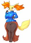  big_thighs blush bottomless breasts canine clothed clothing delphox ear_tuft fangs female fox fur fwudo looking_at_viewer mammal nintendo nipple_bumps orange_eyes pantless plain_background pok&#233;mon pok&eacute;mon skimpy slit_pupils solo standing sweater thick_thighs tuft video_games white_background wide_hips 
