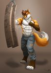  abs anthro biceps boxer brown_fur brown_hair brown_nose canine claws clenched_teeth clothing fangs fighter fingerless_(marking) fox fur furrybob gloves_(marking) hair jeans male mammal markings muscles nipples orange_fur pants pecs pose punching socks_(marking) solo standing teeth toe_claws toeless_(marking) toned topless torn_clothing werefox werefox_(character) white_fur workout yellow_eyes 