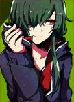  green_hair hair_over_one_eye hand_on_own_face hood hoodie kagerou_project kido_tsubomi long_hair red_eyes ringomaru smile solo 