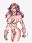  armband armor artist_request bikini bikini_armor black_eyes breasts chainmail gloves large_breasts leather leather_gloves long_hair muscle red_hair red_sonja red_sonja_(comics) solo swimsuit thighs 