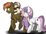  brown_hair button_mash_(mlp) cub equine female feral friendship_is_magic fur green_eyes group hair hikariviny horn horse long_hair looking_back male mammal my_little_pony open_mouth original_character pony purple_hair ridding smile sweetie_belle_(mlp) sword two_tone_hair unicorn weapon white_fur young 