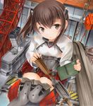  bike_shorts blush bow_(weapon) brown_eyes brown_hair crossbow flat_chest hangar headband headgear kantai_collection looking_at_viewer magazine_(weapon) marker_(medium) open_mouth pastel_(medium) pleated_skirt shikishi shipyard short_hair shorts shorts_under_skirt skirt smile solo taihou_(kantai_collection) thighhighs traditional_media weapon yukitsuki_kokoro 