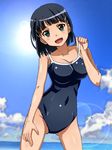  :d beach black_hair breasts cleavage competition_school_swimsuit green_eyes hair_ornament hairclip hand_on_thigh kirigaya_suguha large_breasts one-piece_swimsuit open_mouth rikku04 school_swimsuit short_hair smile strap_lift swimsuit sword_art_online 