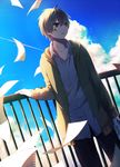  bad_id bad_pixiv_id blue_sky cloud cloudy_sky day flying_paper funota grey_hair hood hoodie kagerou_project kokonose_haruka male_focus necktie notebook paper railing rooftop sky solo spoilers summertime_record_(vocaloid) 