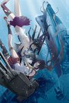  air_bubble battleship black_hair brown_hair bubble cherry_blossoms damaged headgear highres historical_event immersed kantai_collection long_hair machinery midriff military military_vehicle multiple_girls navel object_namesake operation_ten-gou ponytail ship sinking submerged thighhighs torn_clothes turret underwater warship watercraft yahagi_(kantai_collection) yamato_(battleship) yamato_(kantai_collection) yellow_eyes yonasawa 