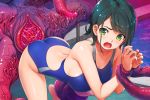  1girl bent_over blush breasts collarbone competition_swimsuit green_eyes green_hair highres large_breasts looking_back monster one-piece_swimsuit open_mouth original pool restrained short_hair solo swimsuit tentacle wacchi 