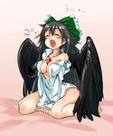  alternate_costume azuki_(azuki-taste) black_hair black_wings blush breasts closed_eyes fang feathers hair_ribbon highres large_breasts long_hair long_sleeves open_clothes open_mouth open_shirt pink_background reiuji_utsuho ribbon shirt simple_background sitting solo tears text_focus third_eye touhou translated unyu white_shirt wings yawning 