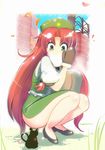  amisu back baozi blue_eyes blush braid cat chen chen_(cat) chinese_clothes eating error flower food hat heart heart_tail high_heels hong_meiling long_hair mittens multiple_tails petals red_hair revision shoes side_slit skirt solo squatting star tail touhou twin_braids 
