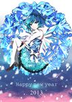 2013 blue_eyes blue_hair bow cirno dress hair_bow happy_new_year highres karlwolf looking_at_viewer new_year pantyhose revision short_hair smile solo touhou white_legwear wings 