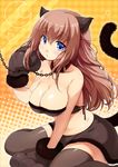  animal_ears arm_support bare_shoulders black_legwear blue_eyes blush breasts brown_hair cat_ears cat_paws cat_tail chain cleavage collar collarbone fur_trim gloves halloween highres large_breasts leash long_hair looking_at_viewer midriff original paw_gloves paws revision ruri_rarako sitting solo tail thighhighs wariza wavy_hair 