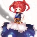  amanojaku bad_id bad_pixiv_id belt blue_dress coin dress hair_bobbles hair_ornament hands_on_hips highres looking_at_viewer one_eye_closed onozuka_komachi purple_hair red_eyes red_hair sash shirt short_hair smile solo touhou two_side_up 