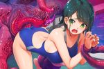  1girl bent_over blush breasts collarbone competition_swimsuit green_eyes green_hair highres large_breasts looking_back monster one-piece_swimsuit open_mouth original pool restrained scared short_hair solo swimsuit tentacle wacchi 