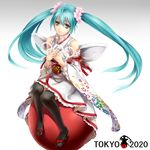  2020 2020_summer_olympics aqua_eyes aqua_hair black_legwear detached_sleeves flower hair_flower hair_ornament hands_on_own_chest hatsune_miku japanese_clothes lolita_fashion long_hair necktie obi olympics revision sandals sash sitting smile solo tattoo thighhighs twintails vocaloid wa_lolita yamano_uzura 