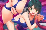  1girl anus ass bent_over blush breasts censored collarbone competition_swimsuit green_eyes green_hair highres large_breasts looking_back monster mosaic_censoring one-piece_swimsuit open_mouth original pool pussy restrained scared short_hair solo swimsuit tentacle torn_clothes torn_swimsuit wacchi 