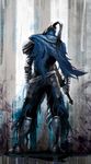  armor artorias_the_abysswalker cape dark_souls from_behind full_armor gauntlets greaves helmet leg_armor male_focus nukotama pauldrons plume shadow sketch solo souls_(from_software) sword torn_cape weapon 