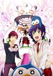  animal animal_hat bird black_legwear blue_hair cuffs elbow_gloves fingerless_gloves gloves handcuffs hat highres light_brown_hair long_hair mawaru_penguindrum multiple_boys open_mouth penguin penguin_1-gou penguin_2-gou penguin_3-gou pink_eyes princess_of_the_crystal red_hair short_hair takakura_himari takakura_kanba takakura_shouma thighhighs tomozo_kaoru 