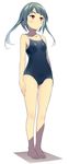  barefoot blue_hair blush breasts competition_school_swimsuit eyebrows full_body long_hair one-piece_swimsuit original red_eyes school_swimsuit simple_background small_breasts solo standing swimsuit twintails white_background zpolice 