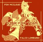  back-to-back beak character_name falco_lombardi fingerless_gloves flat_color fox_mccloud furry gloves gun handgun harusuke headset monochrome multiple_boys pistol red snout star_fox tsurime weapon 