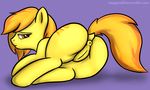  anus butt cutie_mark equine female feral friendship_is_magic fur hair half-closed_eyes horse looking_at_viewer lying mammal my_little_pony on_side orange_hair pony purple_background pussy solo spitfire_(mlp) staggeredline wonderbolts_(mlp) yellow_fur 