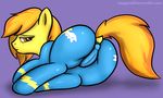 anus butt camel_toe equine female feral friendship_is_magic fur hair half-closed_eyes horse looking_at_viewer lying mammal my_little_pony on_side orange_hair plain_background pony purple_background pussy skinsuit solo spitfire_(mlp) staggeredline wonderbolts_(mlp) yellow_fur 