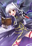  black_wings book breasts celtic_cross diesel-turbo facial_mark fingerless_gloves gloves jacket large_breasts long_hair lyrical_nanoha mahou_shoujo_lyrical_nanoha mahou_shoujo_lyrical_nanoha_a's mahou_shoujo_lyrical_nanoha_the_movie_2nd_a's multiple_wings open_mouth red_eyes reinforce silver_hair single_hair_intake skirt solo thigh_strap tome_of_the_night_sky wings 