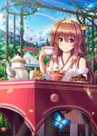  ahoge akashio_(loli_ace) brown_hair bug butterfly cake cloud cloudy_sky cup day detached_sleeves double_bun food gazebo hair_ornament hairband insect japanese_clothes kantai_collection kongou_(kantai_collection) long_hair mountain outdoors plant rainbow sky smile solo table tea_set teacup teapot thighhighs tree vines 