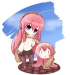  bad_id bad_pixiv_id blue_eyes chibi hairband headphones kakihito_shirazu long_hair megurine_luka mittens pantyhose pink_hair scarf shared_scarf smile takoluka triangle_mouth vocaloid |_| 