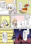  blonde_hair bow brown_eyes cape casual cheesecake comic cup dress drill_hair food hair_ornament hairclip half_moon hug long_hair magical_girl mahou_shoujo_madoka_magica mahou_shoujo_madoka_magica_movie miki_sayaka momoe_nagisa moon multiple_girls no_legwear pantyhose ponytail rikugou_(rikugou-dou) sakura_kyouko school_uniform sitting standing tea teacup thighhighs tomoe_mami translated two_side_up white_hair zettai_ryouiki 