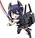  caffein chibi eyepatch fingerless_gloves gloves headgear kantai_collection looking_at_viewer machinery open_mouth purple_hair short_hair solo sword tenryuu_(kantai_collection) thighhighs turret weapon yellow_eyes 