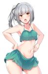  1girl absurdres armpits bangs benki bikini bikini_skirt black_ribbon blush breasts chestnut_mouth collarbone commentary_request contrapposto cowboy_shot eyebrows_visible_through_hair frilled_bikini frills green_bikini hair_between_eyes hair_ribbon hand_on_hip hands_on_hips highres kantai_collection kasumi_(kancolle) kasumi_(kantai_collection) long_hair looking_at_viewer navel open_mouth ribbon see-through side_ponytail silver_hair simple_background small_breasts solo standing suisen_toire_(moko924) sweatdrop swimsuit thighs white_background yellow_eyes 