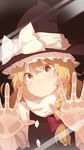  against_fourth_wall against_glass black_dress blush bow braid commentary dress fourth_wall hair_ribbon hat hat_bow highres kirisame_marisa looking_at_viewer o3o phone_wallpaper puffy_sleeves ribbon shirt short_hair shuzi single_braid solo touhou white_bow witch_hat yellow_eyes 