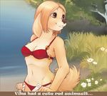  anthro bikini blonde_hair breasts brown_eyes brown_nose canine dog female flower fur grass hair hi_res iskra mammal navel outside short_hair smile solo standing swimsuit tree undressing water yellow_fur 