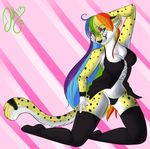  cheetah feline female green_eyes hair legwear lingerie mammal multi-colored_hair panties rainbow_hair redroseofdeath solo stockings underwear 