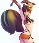  ahoge animal_ears bare_shoulders black_legwear blazblue breasts brown_eyes brown_hair honyata large_breasts makoto_nanaya multicolored_hair navel orange_skirt revealing_clothes skirt solo squirrel_ears squirrel_tail tail thighhighs thighs tonfa underboob weapon 