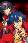  blue_hair goggles goggles_on_head kamina male_focus multiple_boys pointing shirtless simon tengen_toppa_gurren_lagann waste-cabin 