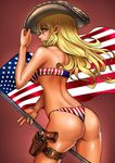  1girl adjusting_clothes adjusting_hat america american_flag american_flag_bikini aqua_eyes arm arm_up arms ass back bare_back bare_legs bare_shoulders bikini blonde_hair blue_eyes breasts cowboy_hat female flag flag_print gun hat holding legs lips long_hair looking_at_viewer looking_back midriff naughty_face original red_background smile solo standing star strapless strapless_bikini strapless_swimsuit striped striped_bikini striped_swimsuit swimsuit teeth underboob weapon western wind_lift zakusi 