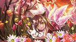  ahri animal_ears brown_hair dress flower fox fox_ears fox_tail highres league_of_legends multiple_tails sinbe slit_pupils solo tail yellow_eyes younger 